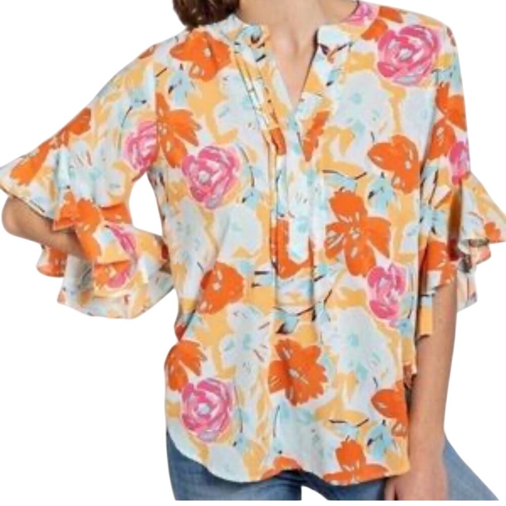 Gigio bell sleeve Floral Blouse in Orange, Pink, and White